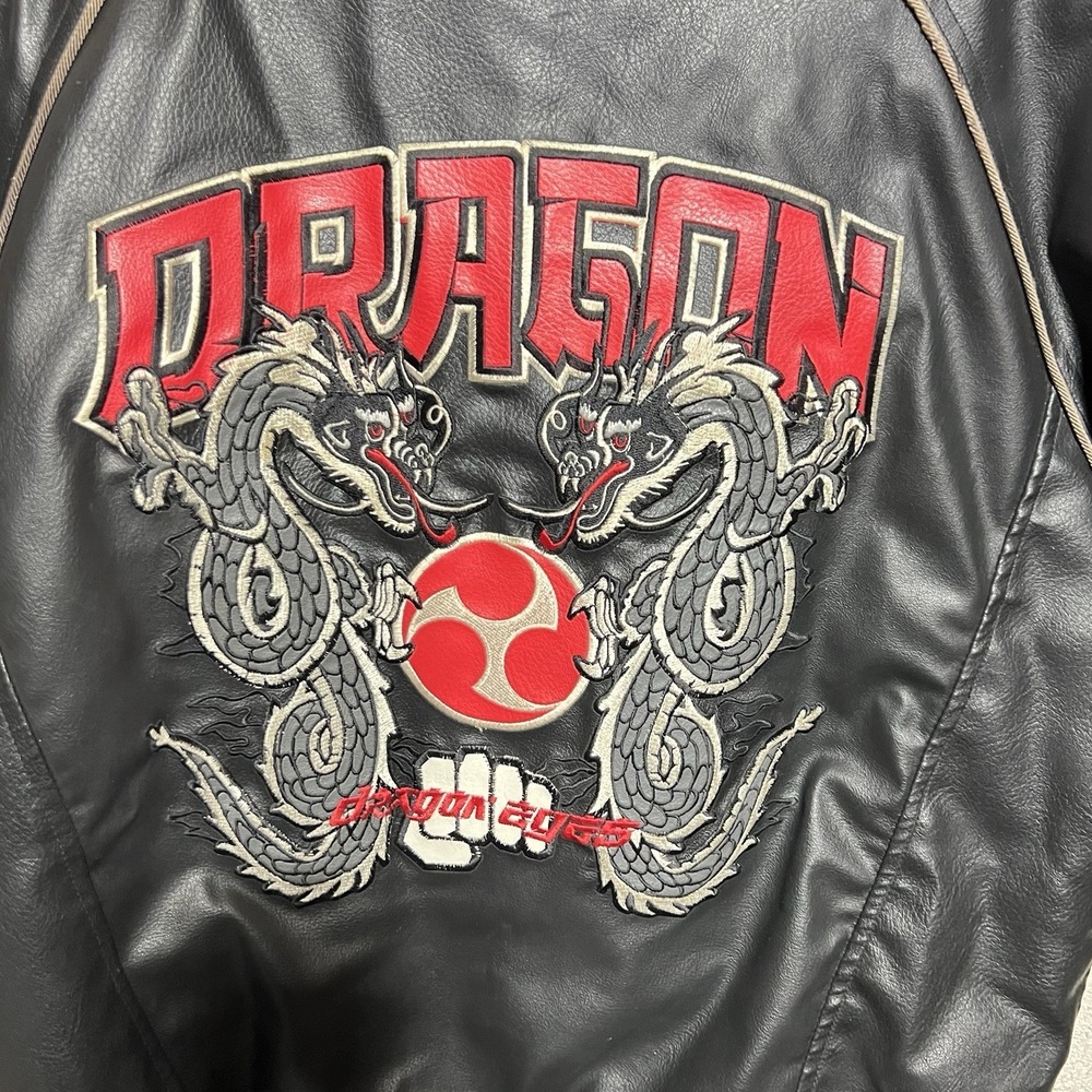 Vtg BOOM X Dragon Eyes Black PVC Leather Jacket Kids XL (16-18) Embroidered